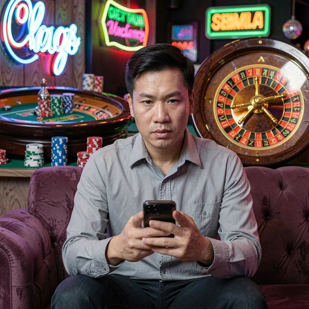 Vietnamese man using the H19 casino app on his smartphone while relaxing on a sofa surrounded by glowing roulette wheels and poker chips