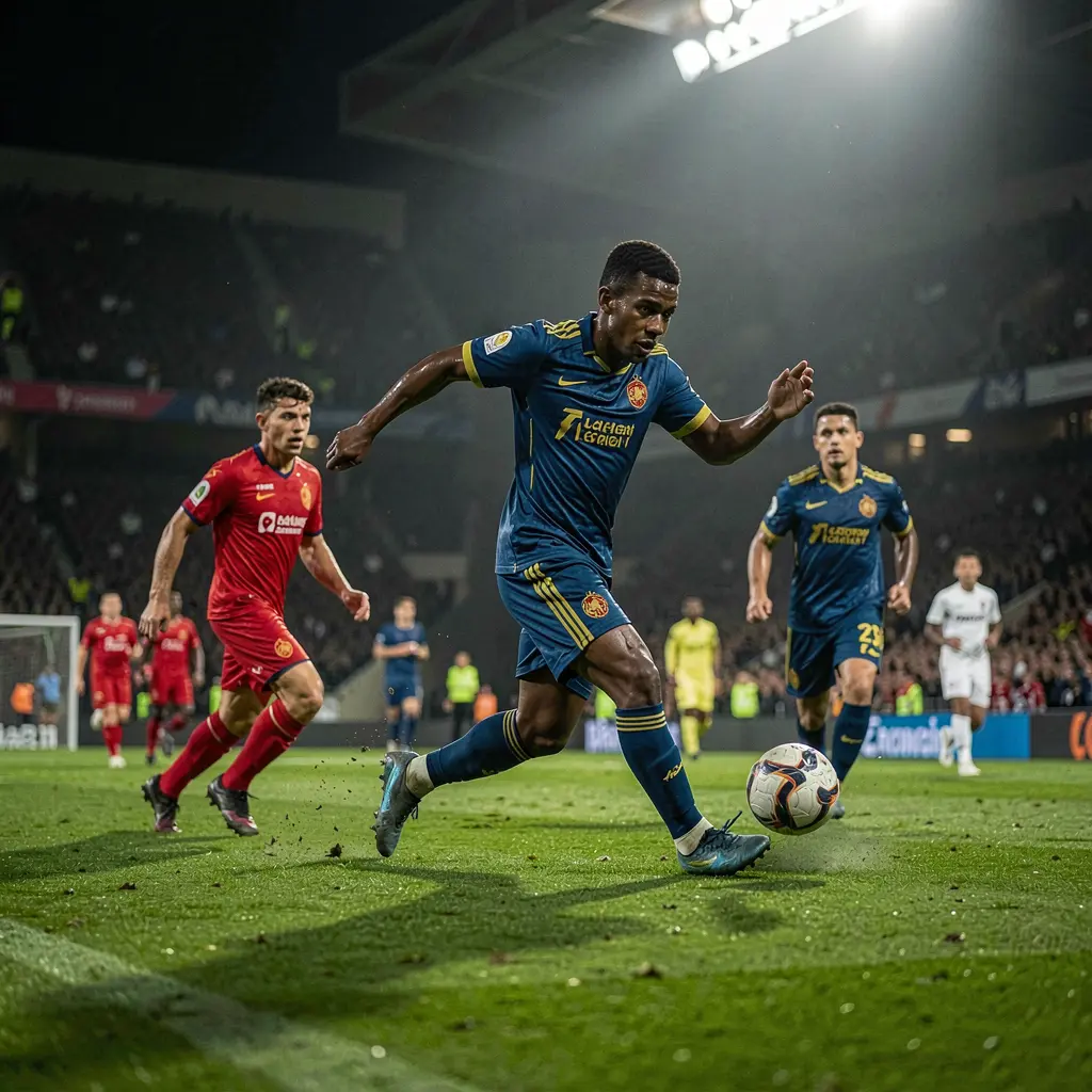 Close up action of a determined soccer player controlling the ball under pressure during a key match moment captured by H19 sports betting