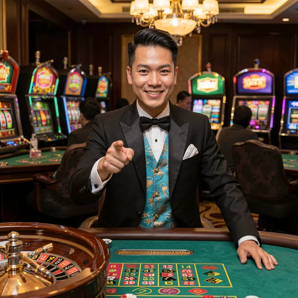 Smiling casino dealer pointing forward with slot machines and roulette behind him representing the H19 login experience for Vietnam users